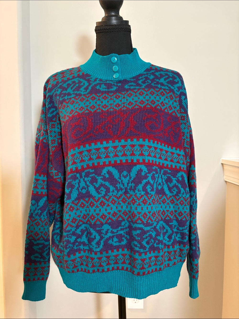 Vintage 80s / 90s Gina Peters Fair Isle Sweater WL Teal Purple Knit Mock Neck
